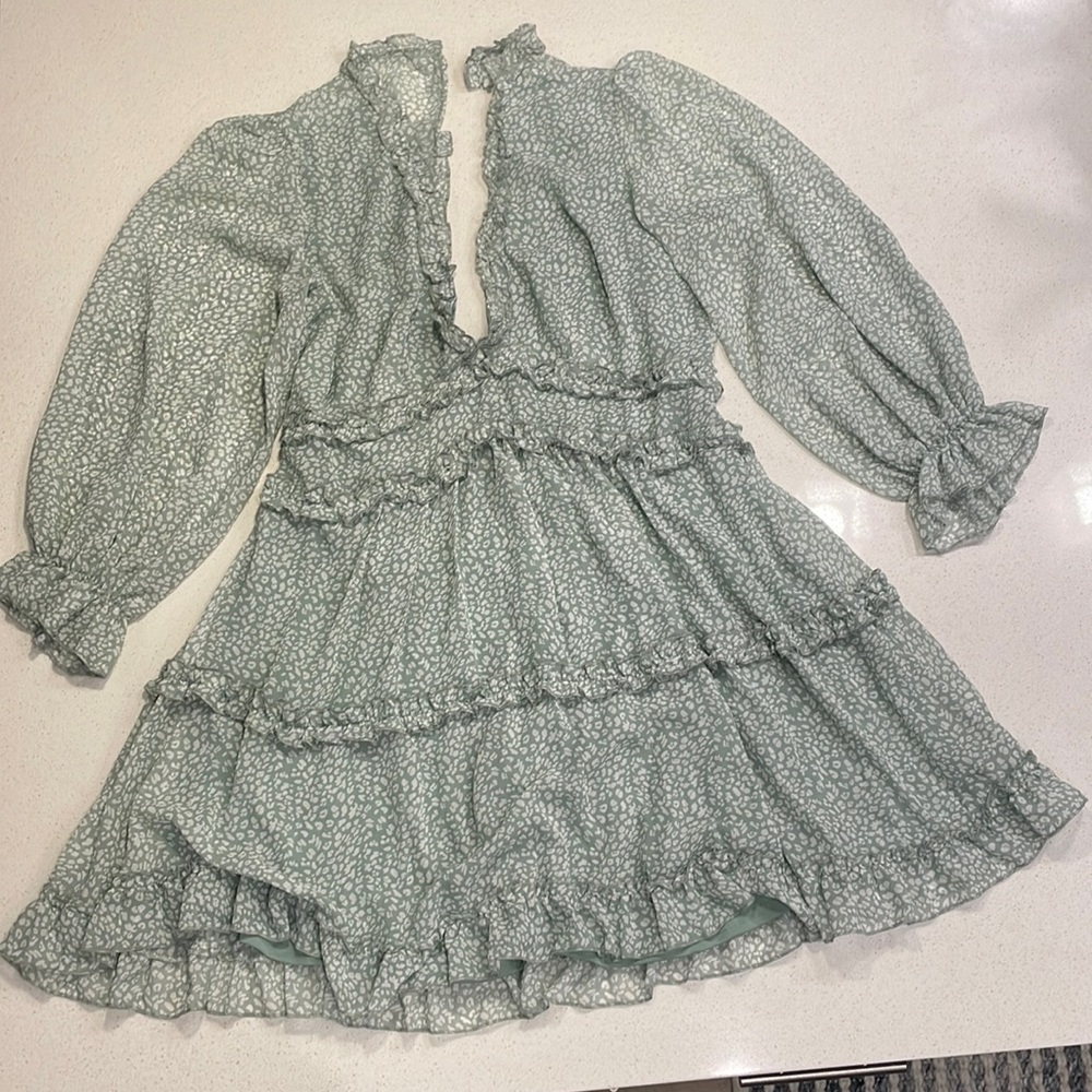 Deep V Neck Ruffle Long Sleeve Floral Print Mini Dress